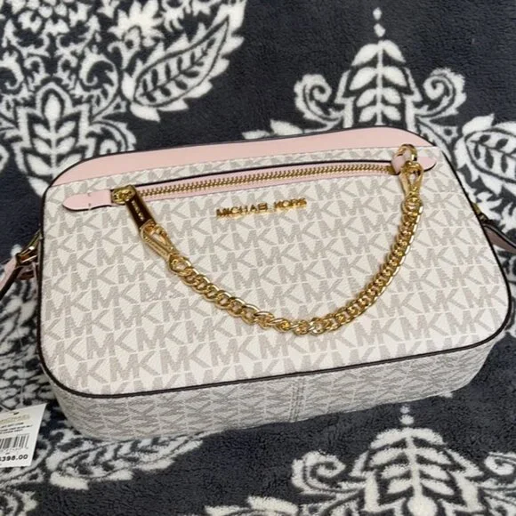 Michael Kors Jet Set Item Large East West Zip Chain Crossbody Powder Blush Multi - Picture 2 of 16